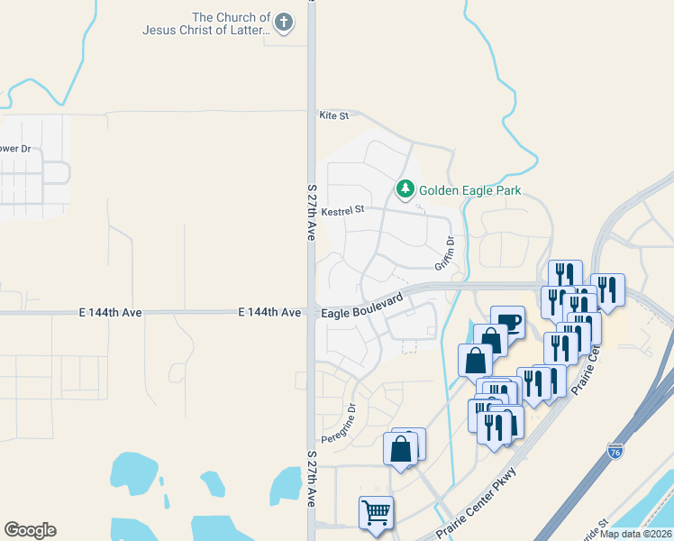 map of restaurants, bars, coffee shops, grocery stores, and more near 1877 Peregrine Drive in Brighton
