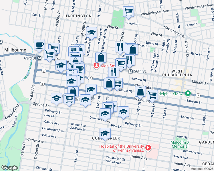 map of restaurants, bars, coffee shops, grocery stores, and more near 115 South Cecil Street in Philadelphia