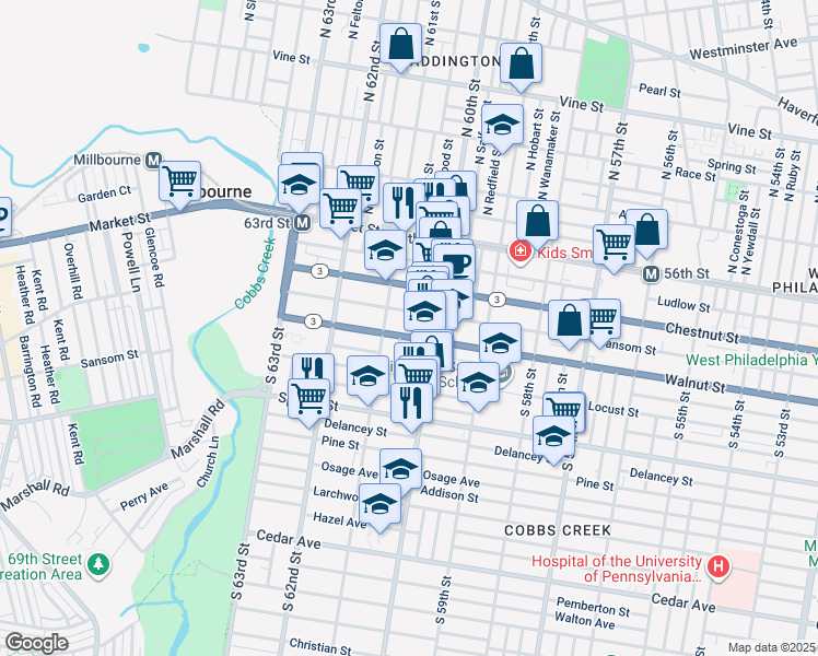 map of restaurants, bars, coffee shops, grocery stores, and more near 6027 Walnut Street in Philadelphia