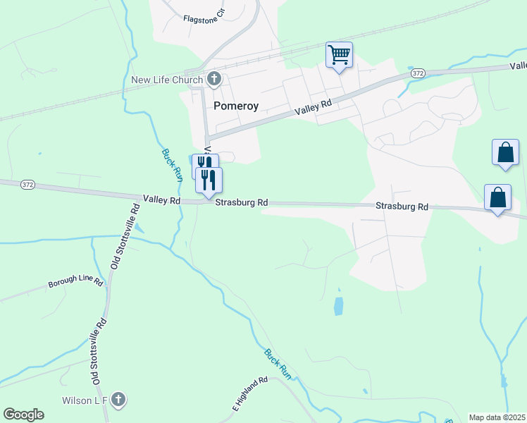 map of restaurants, bars, coffee shops, grocery stores, and more near 3460 Strasburg Road in Coatesville