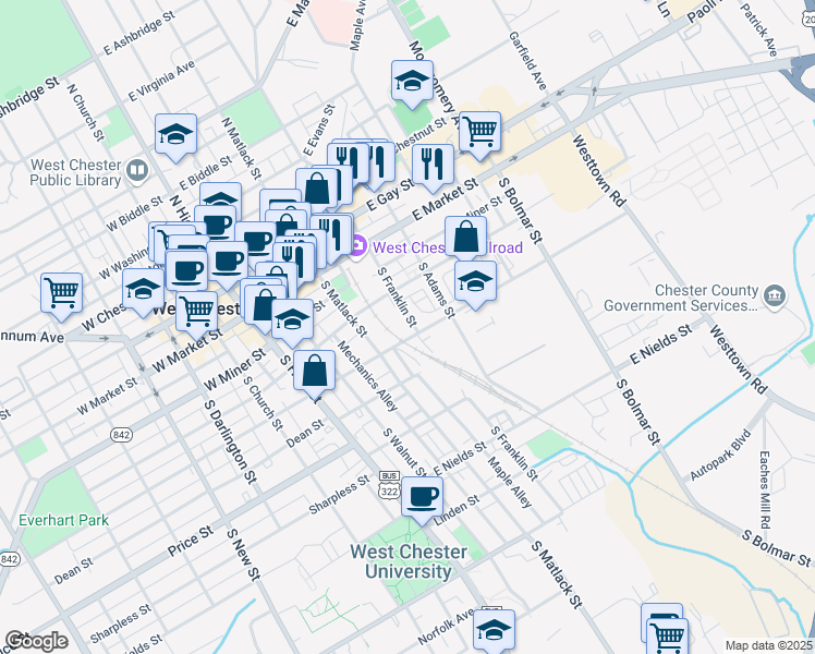 map of restaurants, bars, coffee shops, grocery stores, and more near 200 South Franklin Street in West Chester
