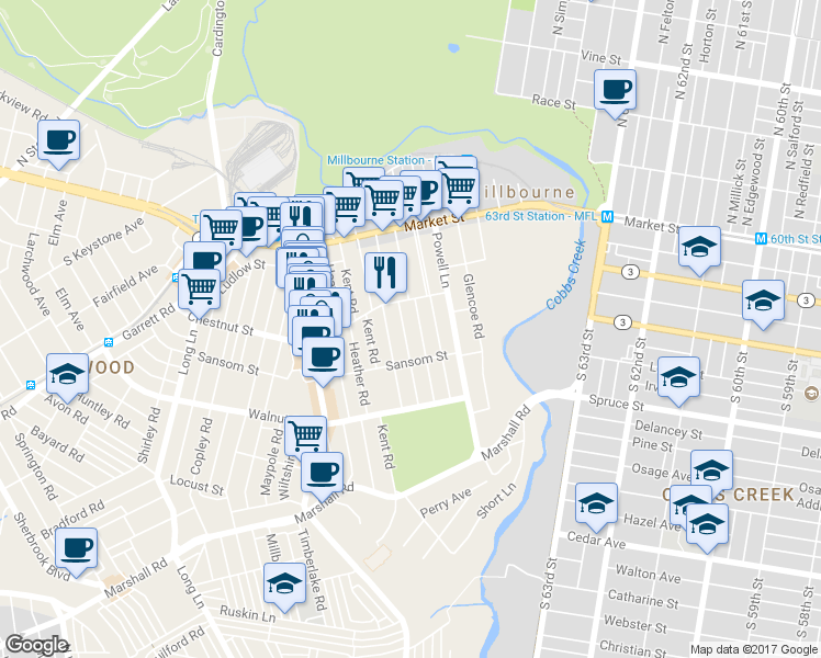 map of restaurants, bars, coffee shops, grocery stores, and more near 119 Overhill Road in Upper Darby