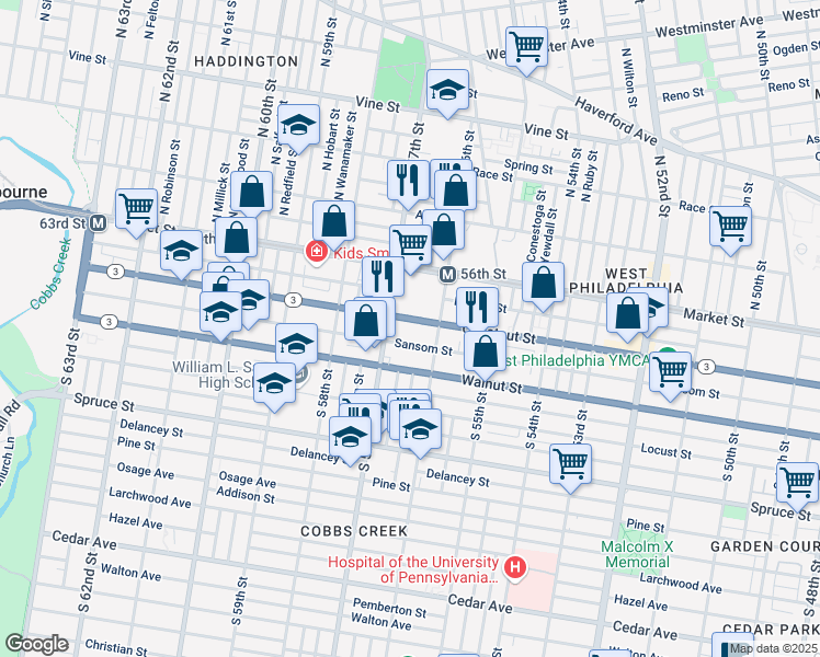 map of restaurants, bars, coffee shops, grocery stores, and more near 5601-5667 Ludlow Street in Philadelphia