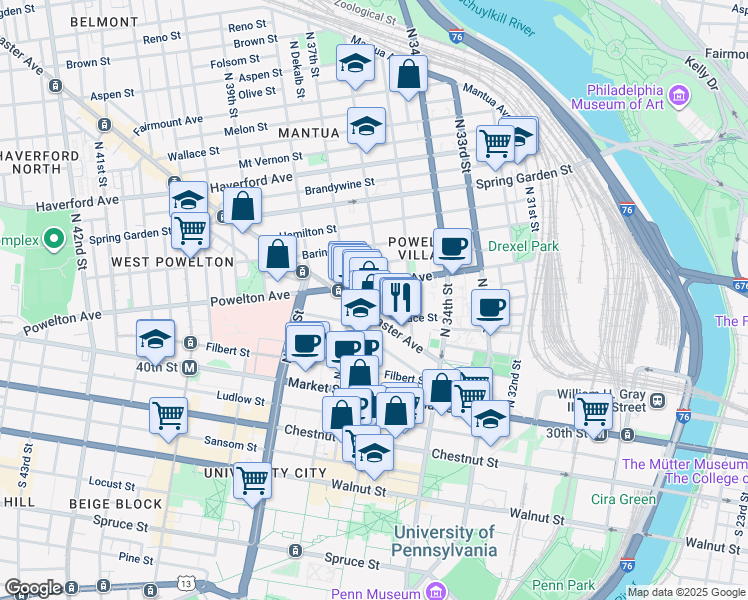 map of restaurants, bars, coffee shops, grocery stores, and more near 206 North 36th Street in Philadelphia