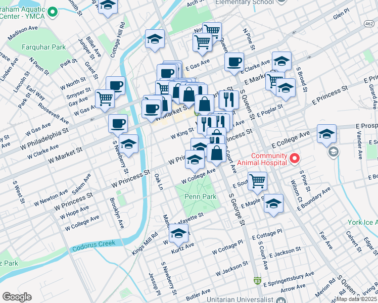 map of restaurants, bars, coffee shops, grocery stores, and more near 149 South Beaver Street in York