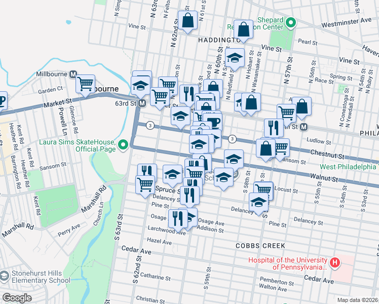 map of restaurants, bars, coffee shops, grocery stores, and more near 127 South 61st Street in Philadelphia