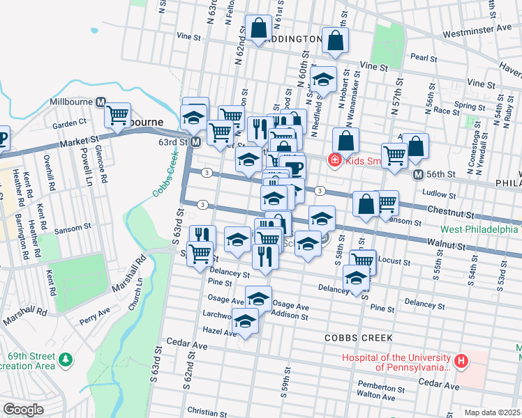 map of restaurants, bars, coffee shops, grocery stores, and more near 6033 Walnut Street in Philadelphia
