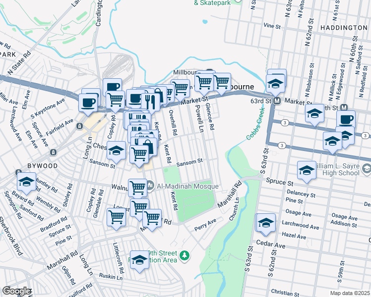 map of restaurants, bars, coffee shops, grocery stores, and more near 119 Overhill Road in Upper Darby