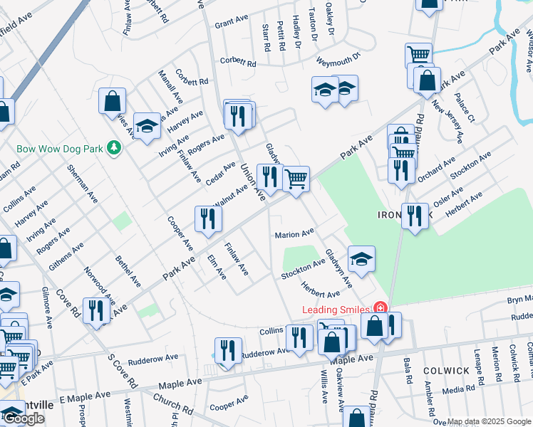 map of restaurants, bars, coffee shops, grocery stores, and more near 7562 Park Avenue in Pennsauken Township