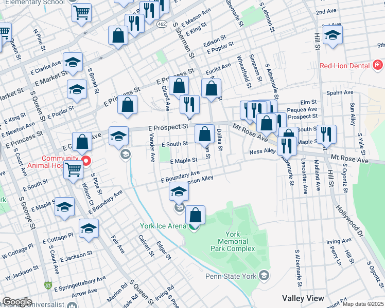 map of restaurants, bars, coffee shops, grocery stores, and more near 824 East South Street in York