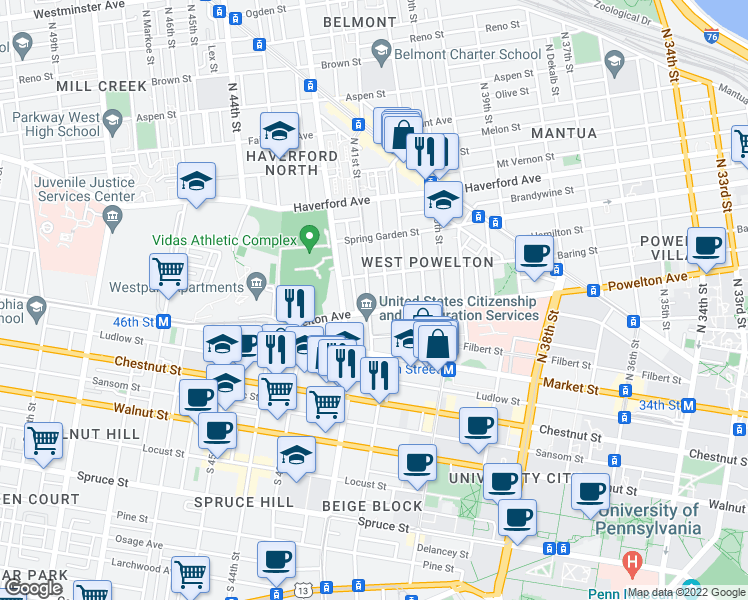 map of restaurants, bars, coffee shops, grocery stores, and more near 313 North 41st Street in Philadelphia