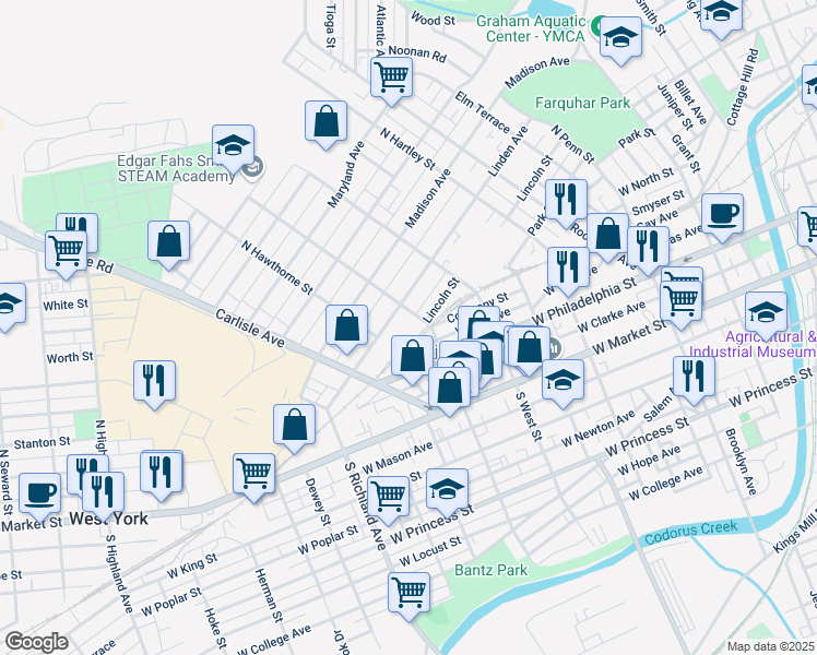 map of restaurants, bars, coffee shops, grocery stores, and more near 700 Linden Avenue in York