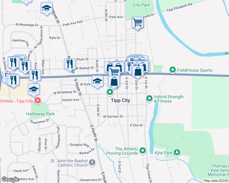 map of restaurants, bars, coffee shops, grocery stores, and more near 27 South 4th Street in Tipp City