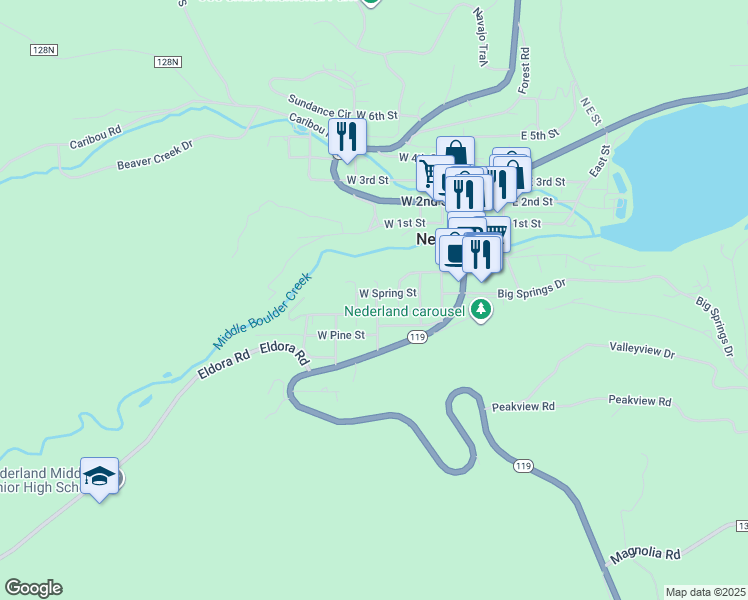 map of restaurants, bars, coffee shops, grocery stores, and more near 136 South Tilden Street in Nederland