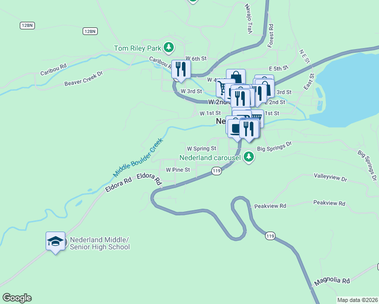 map of restaurants, bars, coffee shops, grocery stores, and more near 136 South Tilden Street in Nederland