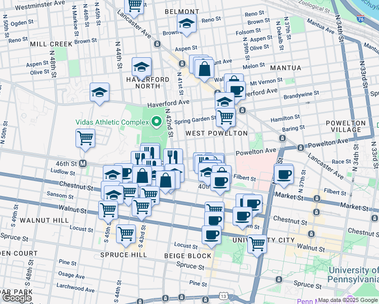 map of restaurants, bars, coffee shops, grocery stores, and more near 313 North 41st Street in Philadelphia