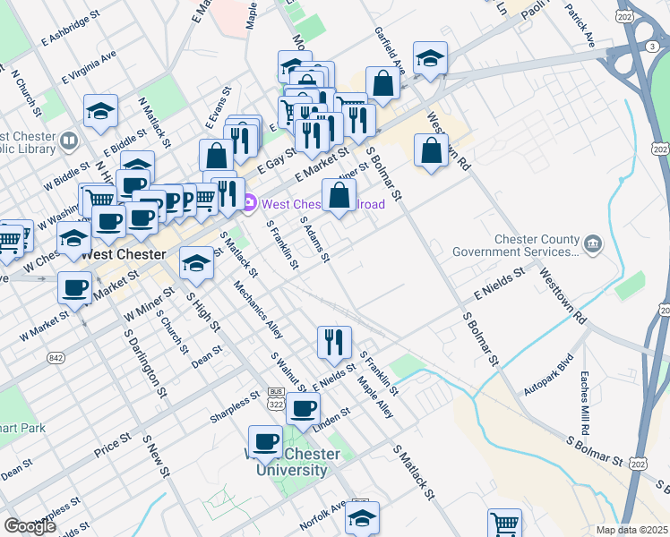 map of restaurants, bars, coffee shops, grocery stores, and more near 317 South Adams Street in West Chester
