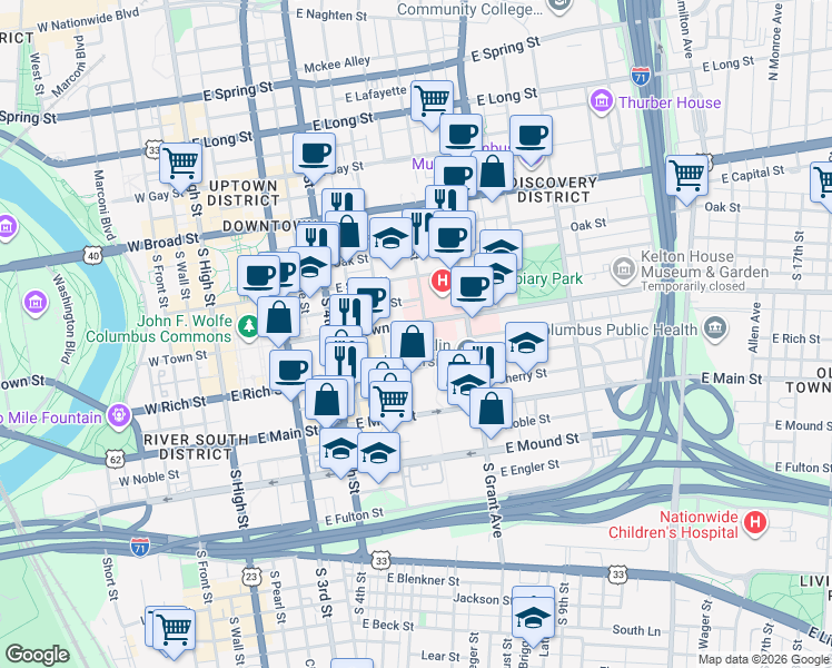 map of restaurants, bars, coffee shops, grocery stores, and more near 277 East Town Street in Columbus