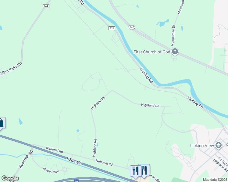 map of restaurants, bars, coffee shops, grocery stores, and more near 2499 Highland Rd in Zanesville