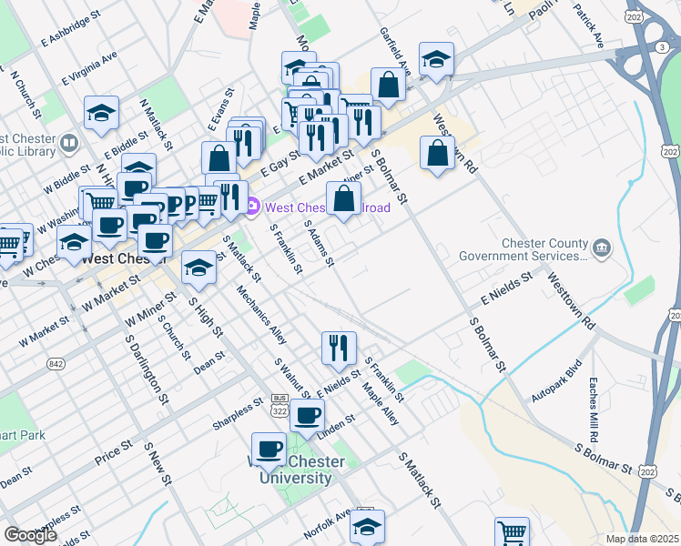 map of restaurants, bars, coffee shops, grocery stores, and more near 317 South Adams Street in West Chester
