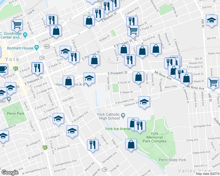 map of restaurants, bars, coffee shops, grocery stores, and more near 625 Vander Avenue in York