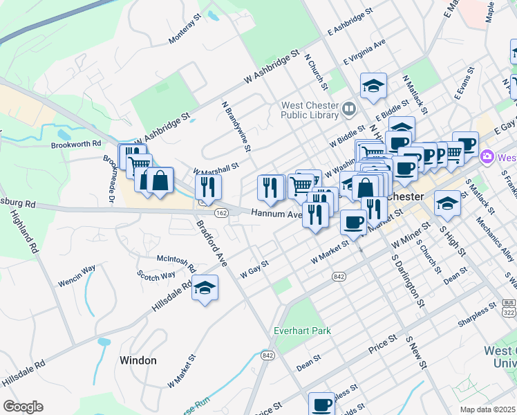 map of restaurants, bars, coffee shops, grocery stores, and more near 520 West Biddle Street in West Chester