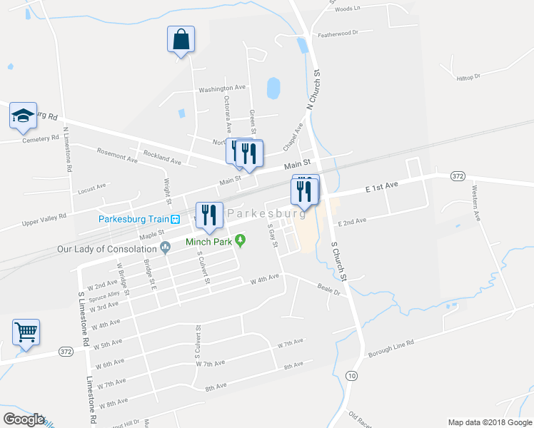 map of restaurants, bars, coffee shops, grocery stores, and more near 83 South Gay Street in Parkesburg