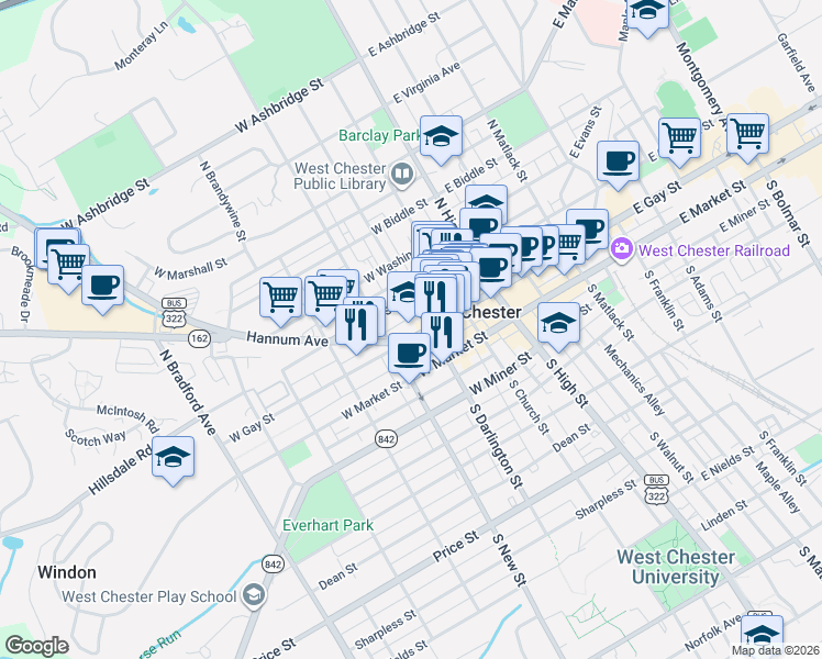 map of restaurants, bars, coffee shops, grocery stores, and more near 212 West Chestnut Street in West Chester