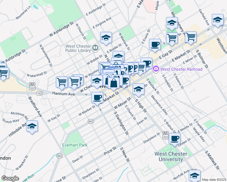 map of restaurants, bars, coffee shops, grocery stores, and more near in West Chester