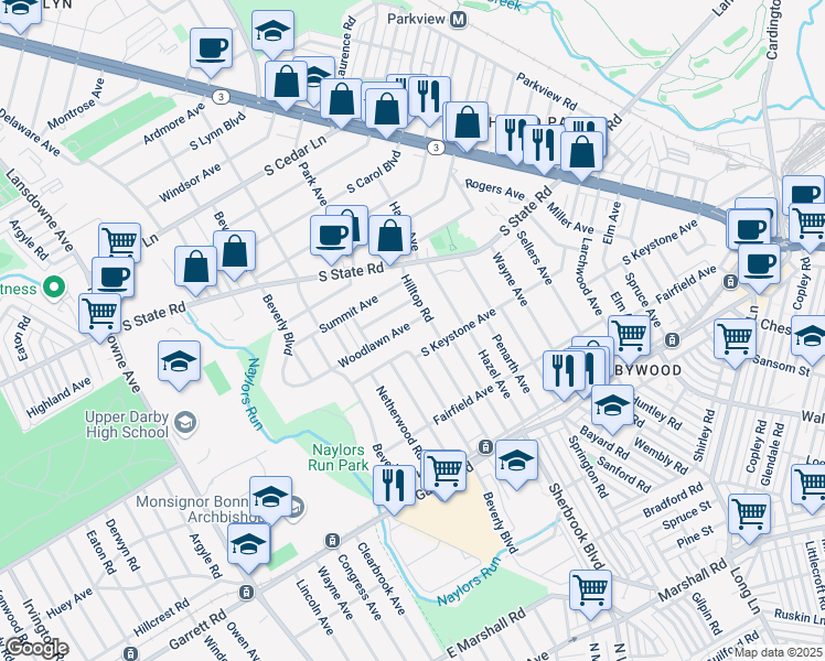 map of restaurants, bars, coffee shops, grocery stores, and more near 107 Woodlawn Avenue in Delaware County