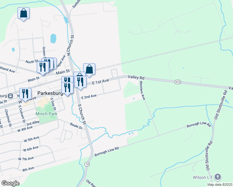 map of restaurants, bars, coffee shops, grocery stores, and more near 112 East 2nd Avenue in Parkesburg