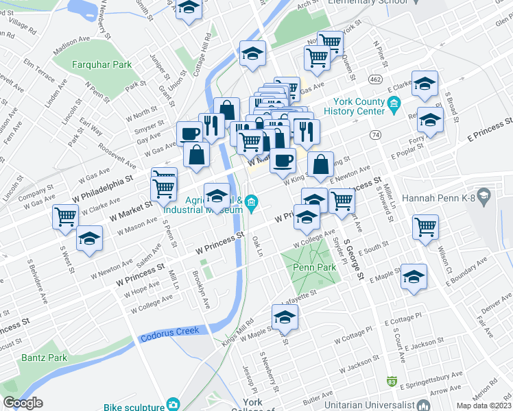 map of restaurants, bars, coffee shops, grocery stores, and more near 118 South Pershing Avenue in York
