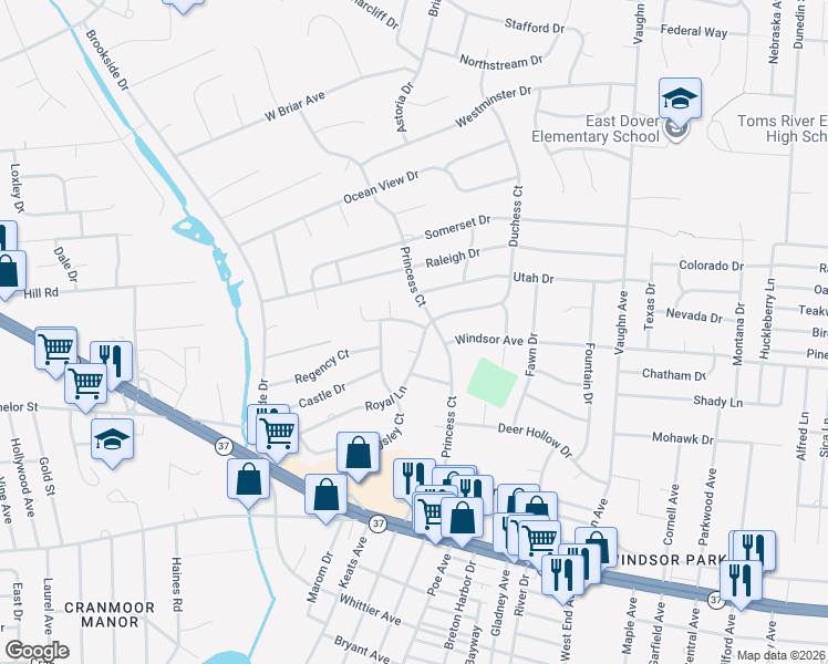 map of restaurants, bars, coffee shops, grocery stores, and more near 1 Regal Court in Toms River