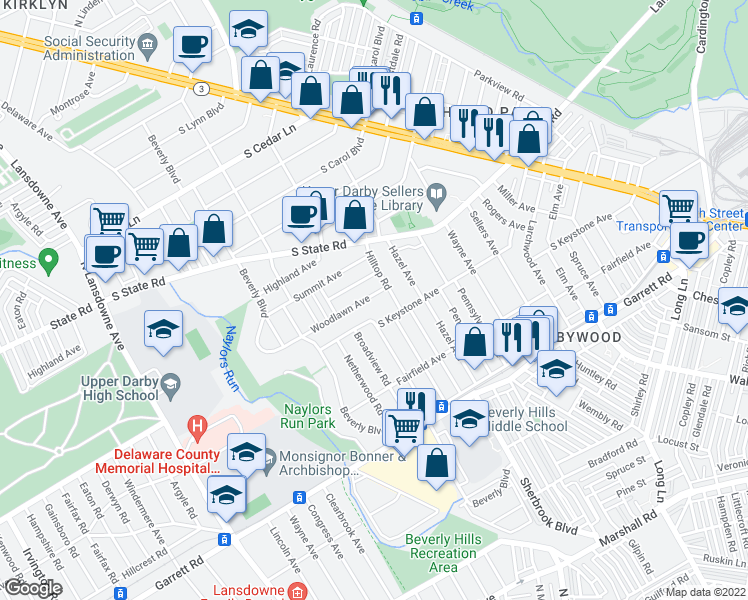 map of restaurants, bars, coffee shops, grocery stores, and more near 107 Woodlawn Avenue in Delaware County