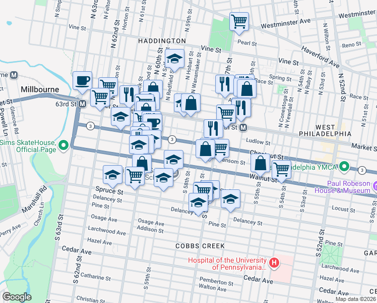 map of restaurants, bars, coffee shops, grocery stores, and more near 5755 Chestnut Street in Philadelphia