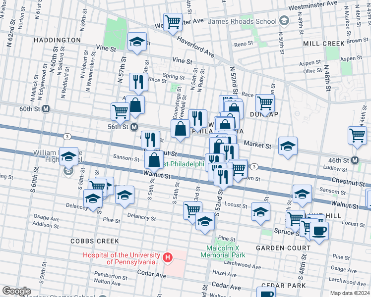 map of restaurants, bars, coffee shops, grocery stores, and more near 37 South 54th Street in Philadelphia