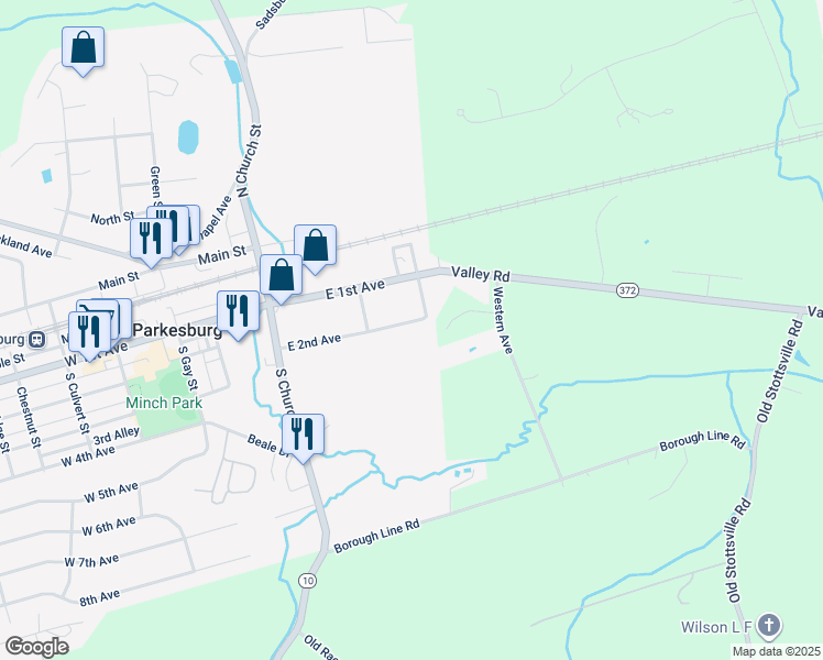 map of restaurants, bars, coffee shops, grocery stores, and more near 112 East 2nd Avenue in Parkesburg