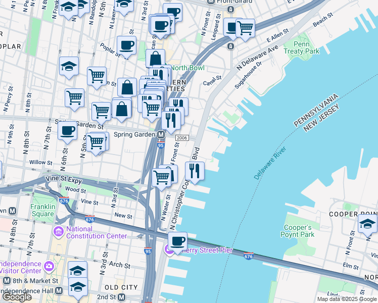 map of restaurants, bars, coffee shops, grocery stores, and more near 52 Spring Garden Street in Philadelphia