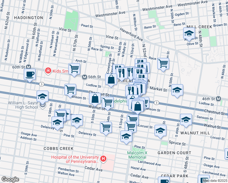 map of restaurants, bars, coffee shops, grocery stores, and more near 37 South 54th Street in Philadelphia