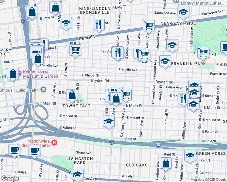 map of restaurants, bars, coffee shops, grocery stores, and more near 273 1/2 South Ohio Avenue in Columbus