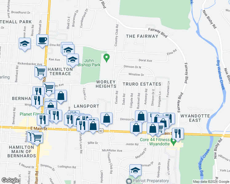 map of restaurants, bars, coffee shops, grocery stores, and more near 897 Exeter Road in Columbus