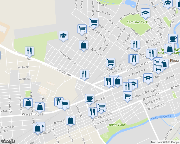 map of restaurants, bars, coffee shops, grocery stores, and more near 319 North Hawthorne Street in York