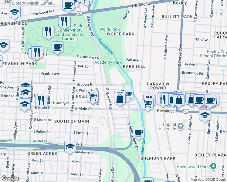 map of restaurants, bars, coffee shops, grocery stores, and more near 1961 Bryden Road in Columbus
