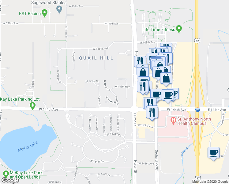 map of restaurants, bars, coffee shops, grocery stores, and more near 14484 Jason Drive in Westminster
