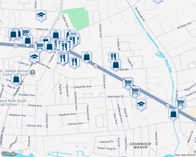 map of restaurants, bars, coffee shops, grocery stores, and more near 281 New Jersey 37 in Toms River