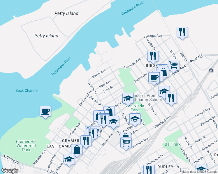 map of restaurants, bars, coffee shops, grocery stores, and more near 2805 Polk Avenue in Camden