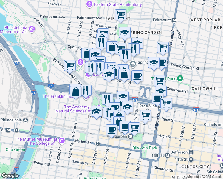 map of restaurants, bars, coffee shops, grocery stores, and more near 319 North 19th Street in Philadelphia