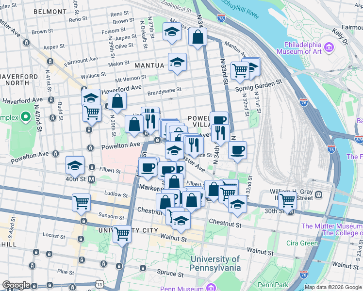 map of restaurants, bars, coffee shops, grocery stores, and more near in Philadelphia