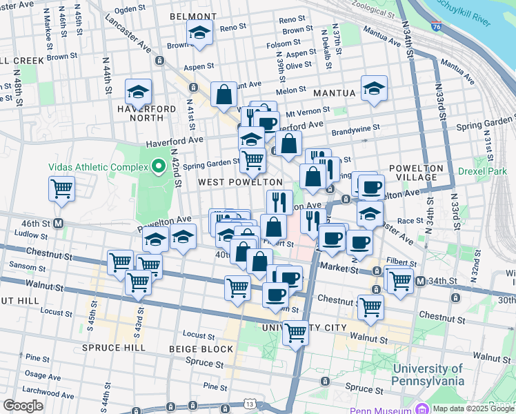 map of restaurants, bars, coffee shops, grocery stores, and more near 3907 Powelton Avenue in Philadelphia