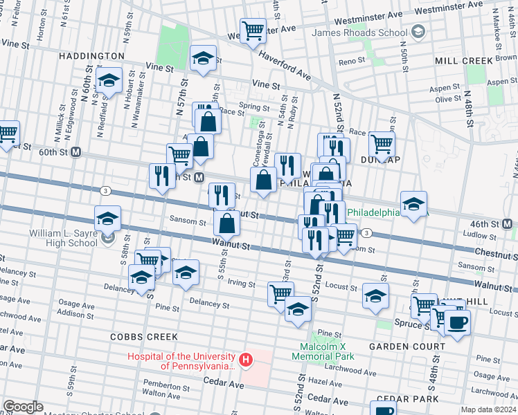 map of restaurants, bars, coffee shops, grocery stores, and more near 20 South Yewdall Street in Philadelphia